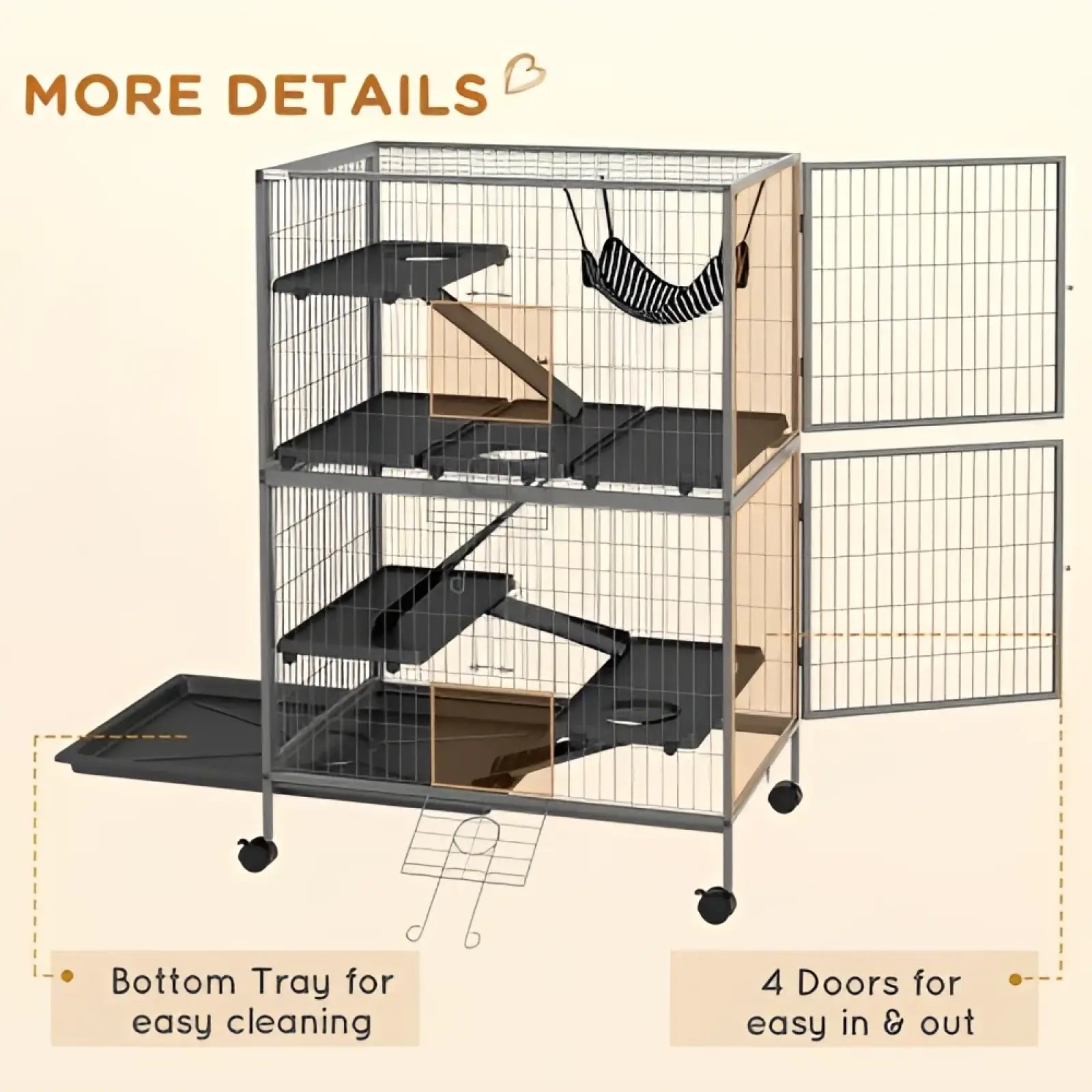 5 tier small animal ferret cage in gray metal with black platforms striped hammock and wheels for mobility