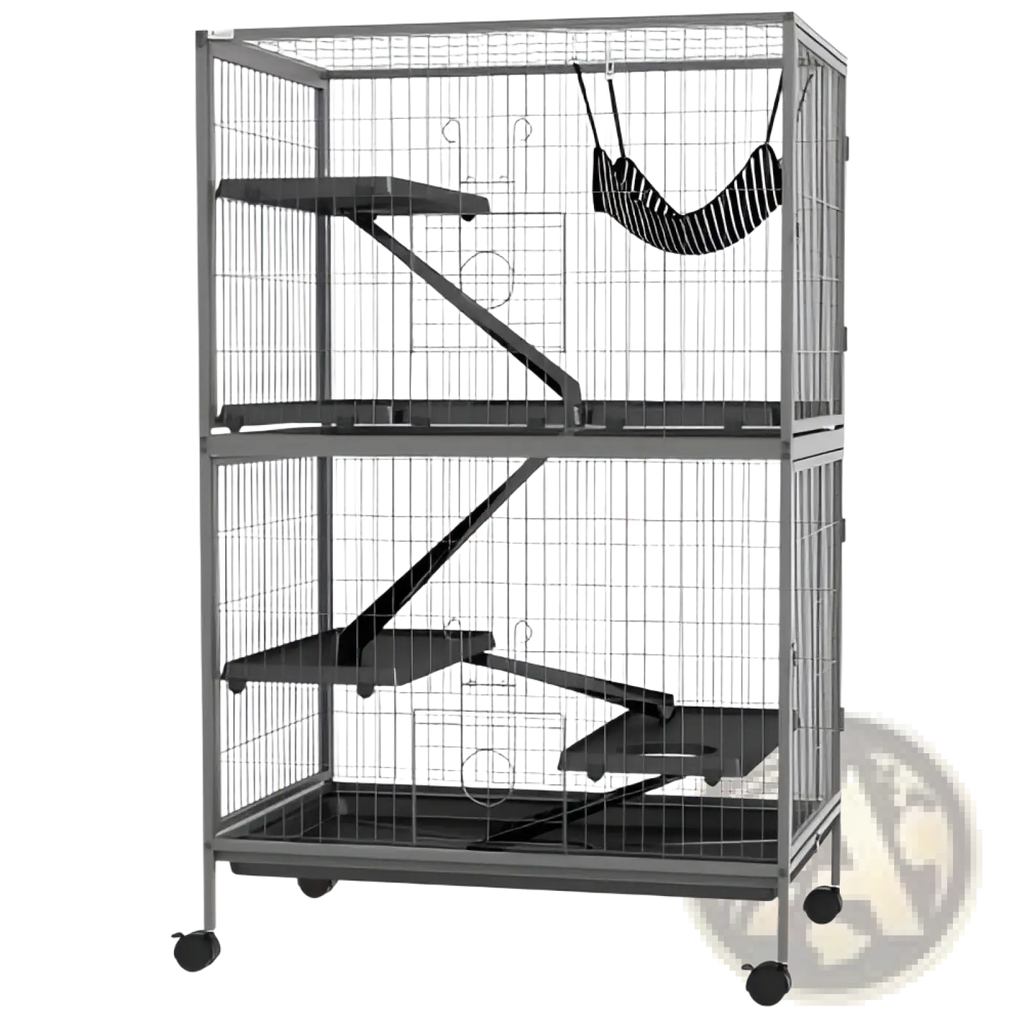 Silver metal 5 tier small animal ferret cage with black plastic platforms and striped hammock for pets