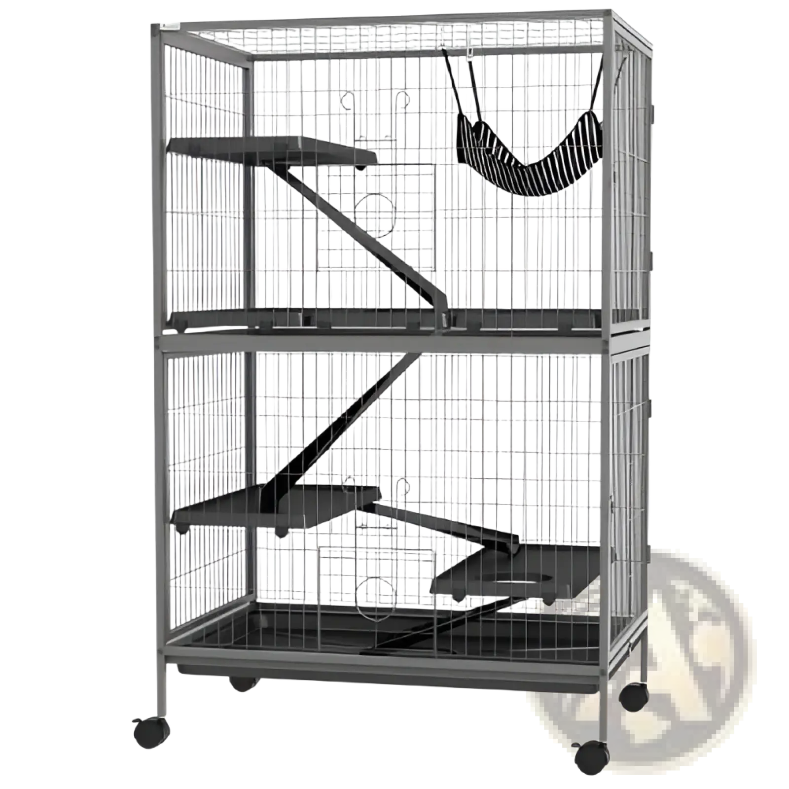 Silver metal 5 tier small animal ferret cage with black plastic platforms and striped hammock for pets