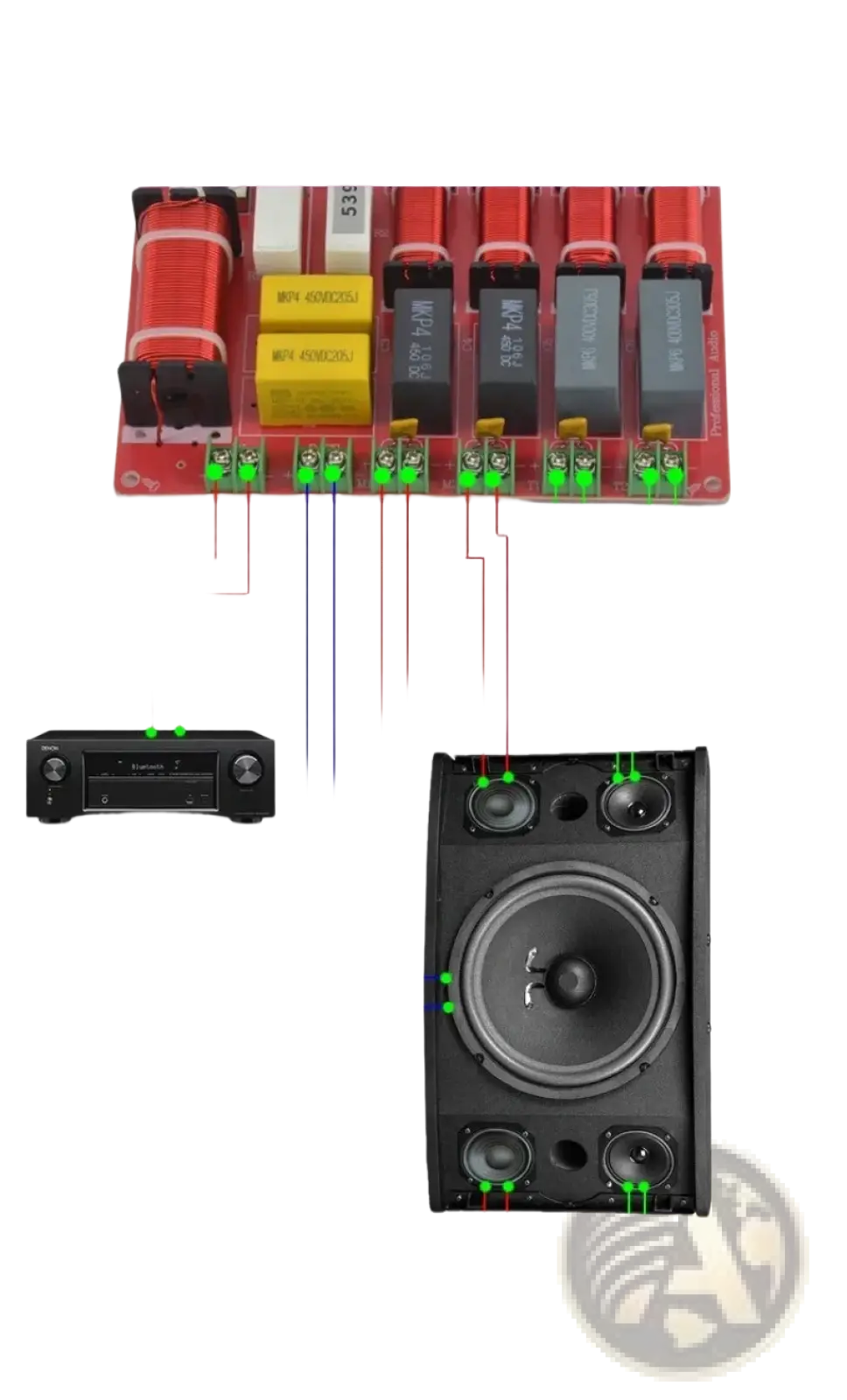 Red and black audio amplifier circuit board with labeled wiring for speaker components in 5-way speaker crossover high power KTV stage audio