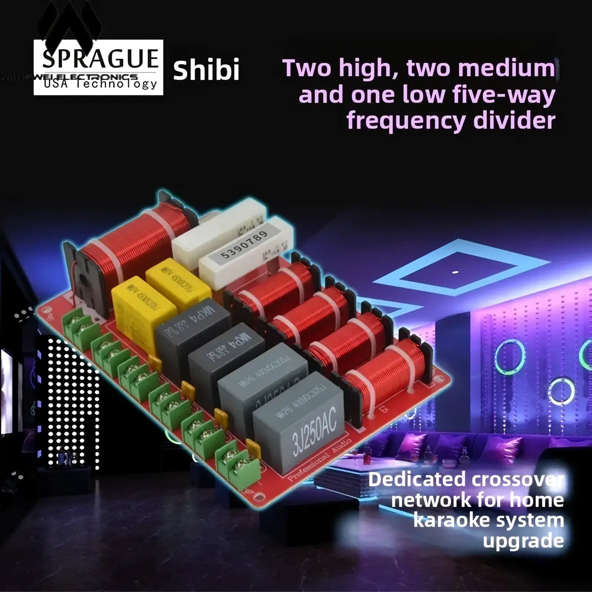 Red circuit board with red yellow and gray capacitors and inductors for 5-way speaker crossover high power ktv stage audio