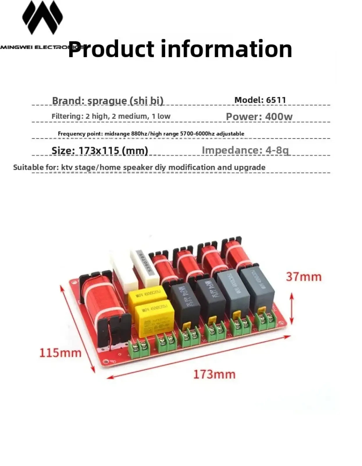 Red 5-way speaker crossover with black yellow capacitors red inductors and green terminal connectors for high power KTV stage audio