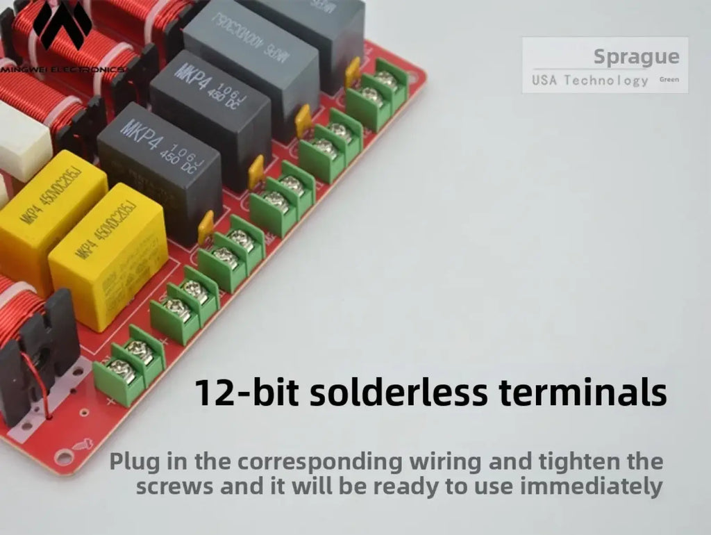Red circuit board of 5-way speaker crossover with black and yellow capacitors and green terminals for ktv stage audio