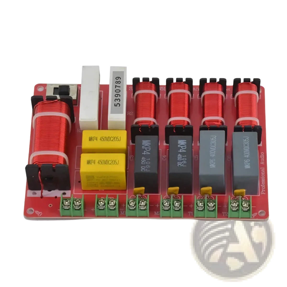 Red printed circuit board of 5-way speaker crossover with five red inductors and yellow capacitors for high power ktv stage audio