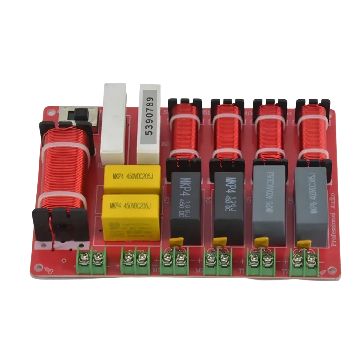 Red printed circuit board of 5-way speaker crossover with five red inductors and yellow capacitors for high power ktv stage audio