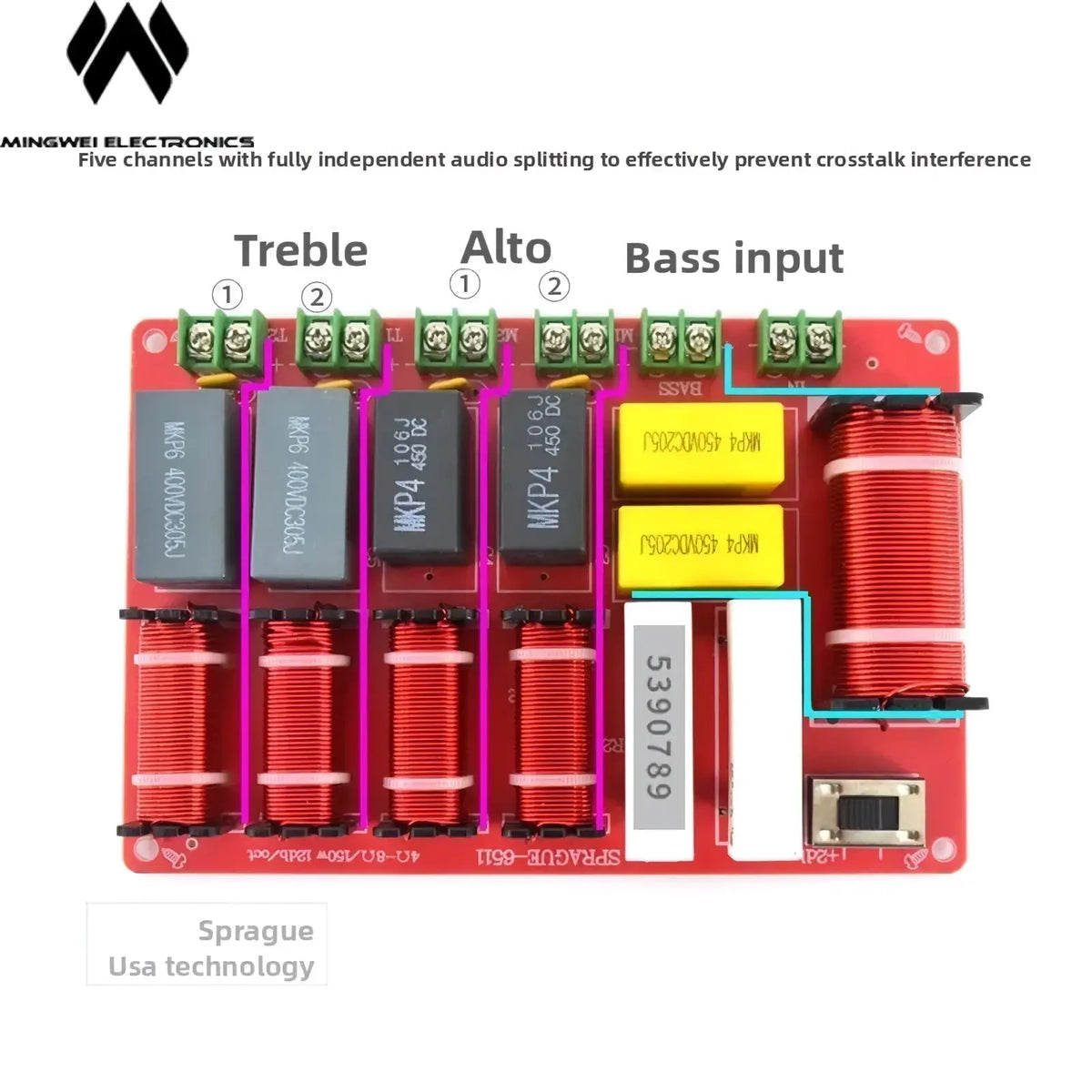 Red rectangular 5-way speaker crossover board with five channels green terminal blocks and capacitors for KTV stage audio
