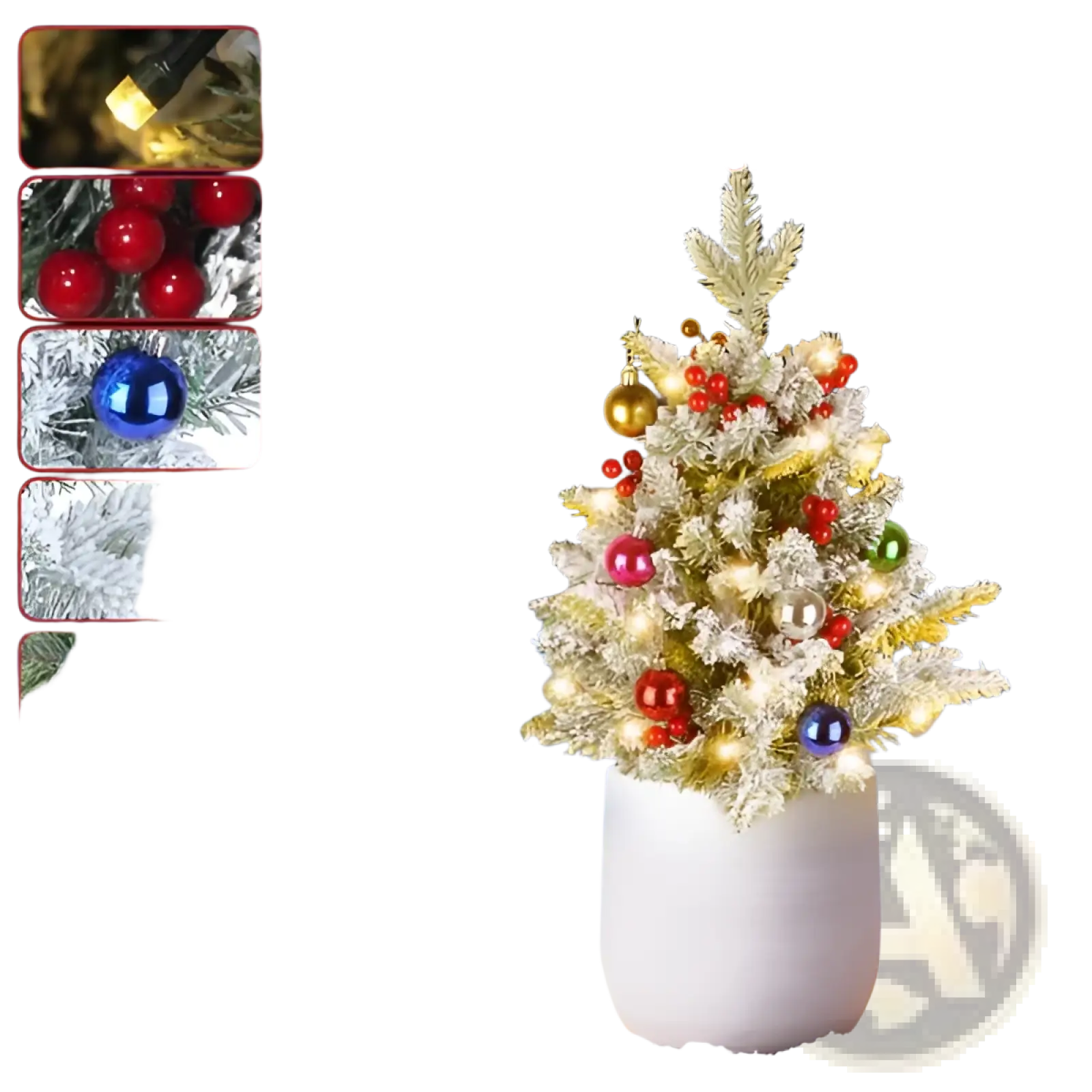Frosty 50 led pre-lit mini artificial christmas tree with warm led lights, vibrant red berries, and multi-color ornaments