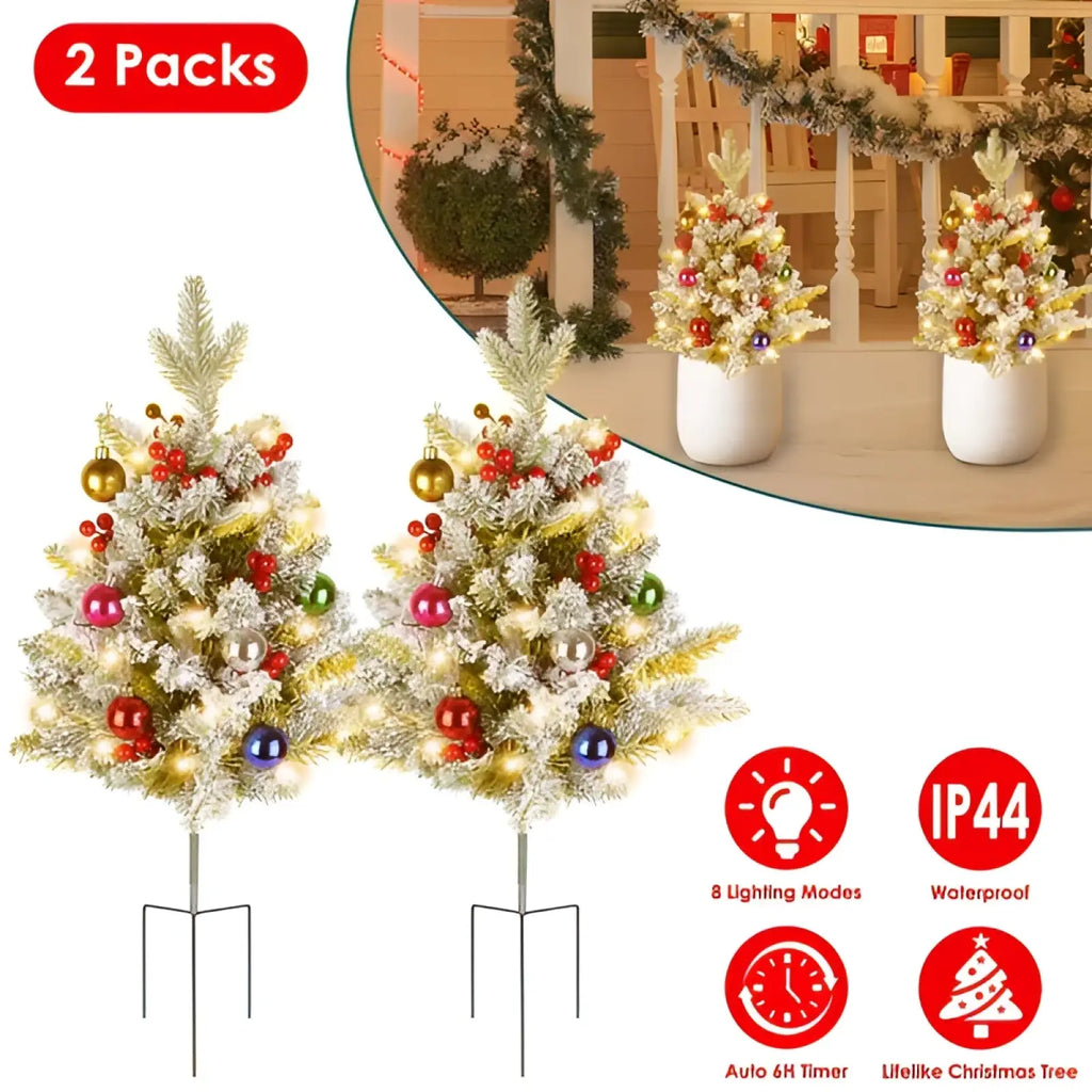 Flocked white 50 led pre-lit mini artificial Christmas tree with colorful ornaments and warm lights for indoor or outdoor use