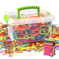 A clear plastic storage box with green handle filled with colorful magic wand interlocking building blocks toy set
