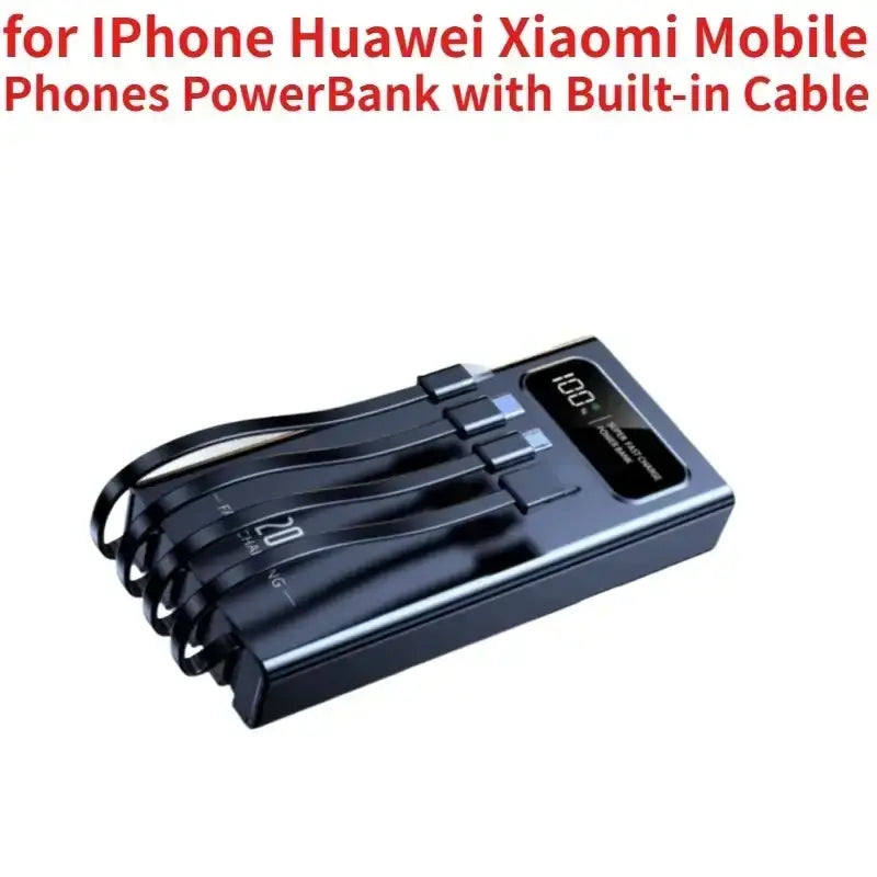 Black rectangular 120w power bank with built-in cables and digital display showing 100 percent charge, 50000mah 30000mah 10000mah
