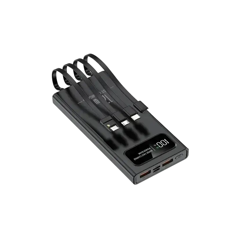 Black rectangular 120w power bank with built-in cables and digital display showing 100 percent charged 50000mah 30000mah 10000mah