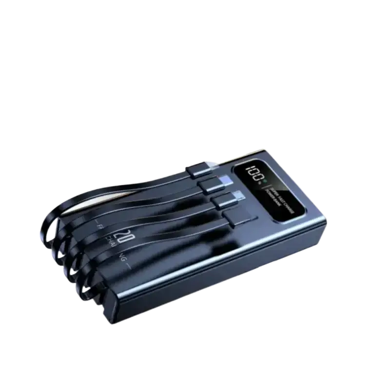 Black rectangular 120w power bank with metallic edges multiple usb ports and digital display showing 100 battery level