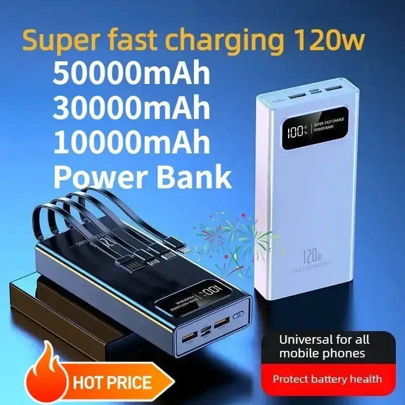 White rectangular 50000mah 30000mah 10000mah 120w power bank with digital display and multiple usb ports for super fast charging