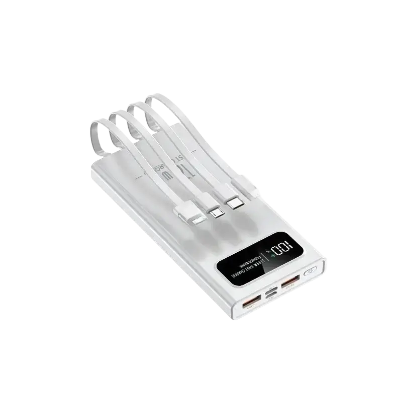 White rectangular 120w power bank with built-in cables and digital display showing 100 for 50000mah 30000mah 10000mah models
