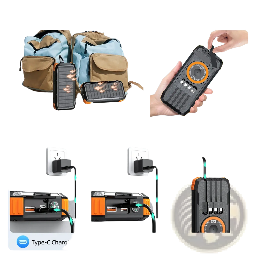 Black and orange rugged 50000mah solar power bank with hand crank charger type-c and micro usb-a ports