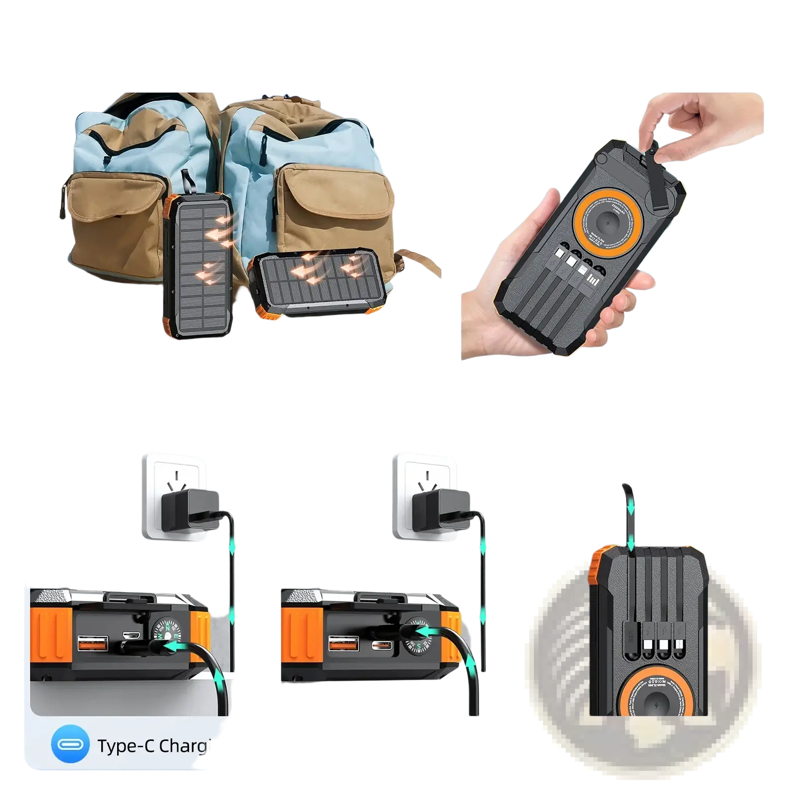 Black and orange rugged 50000mah solar power bank with hand crank charger type-c and micro usb-a ports