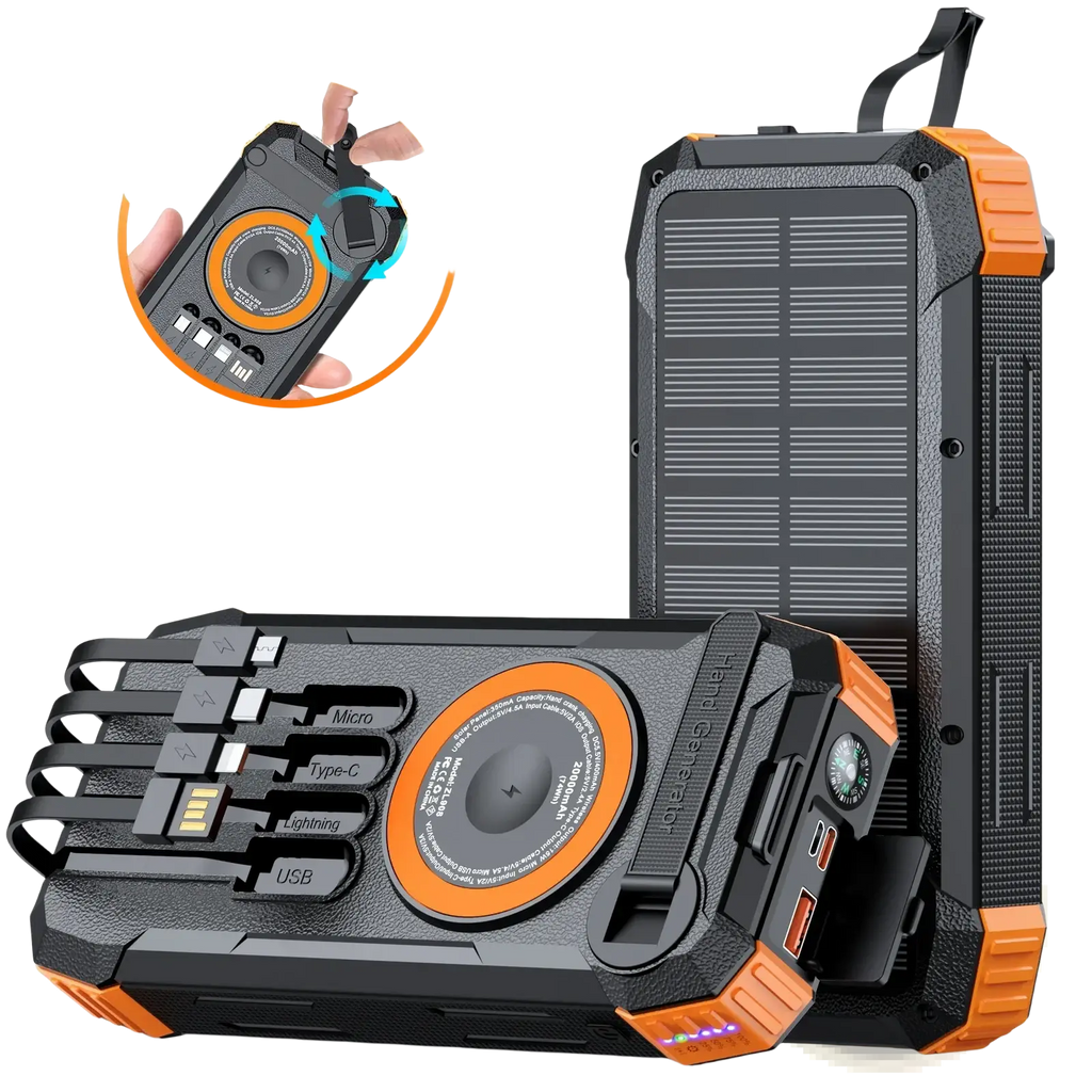 Black and orange rugged solar power bank with 50000mAh capacity multiple usb ports and built-in compass hand crank charger