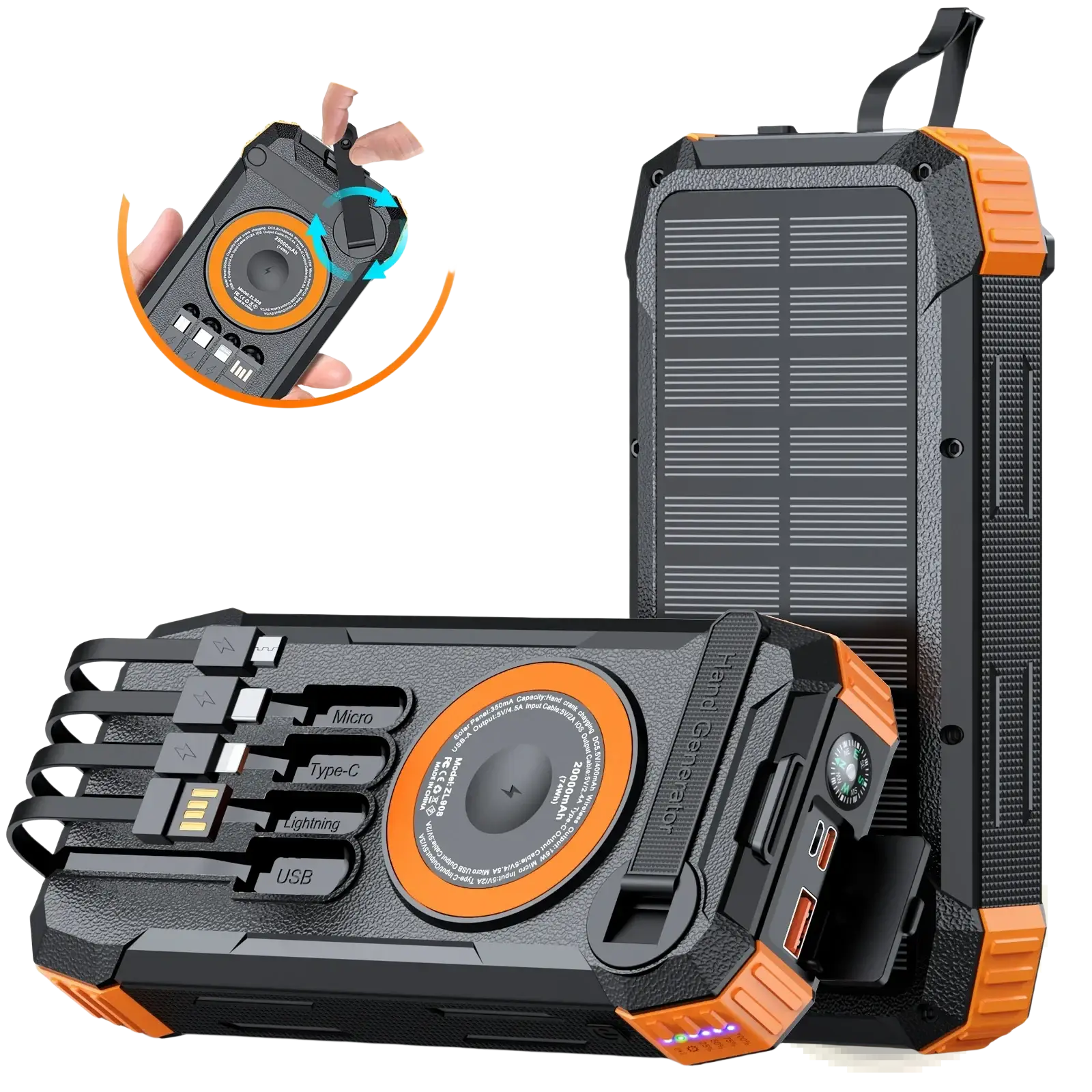 Black and orange rugged solar power bank with 50000mAh capacity multiple usb ports and built-in compass hand crank charger
