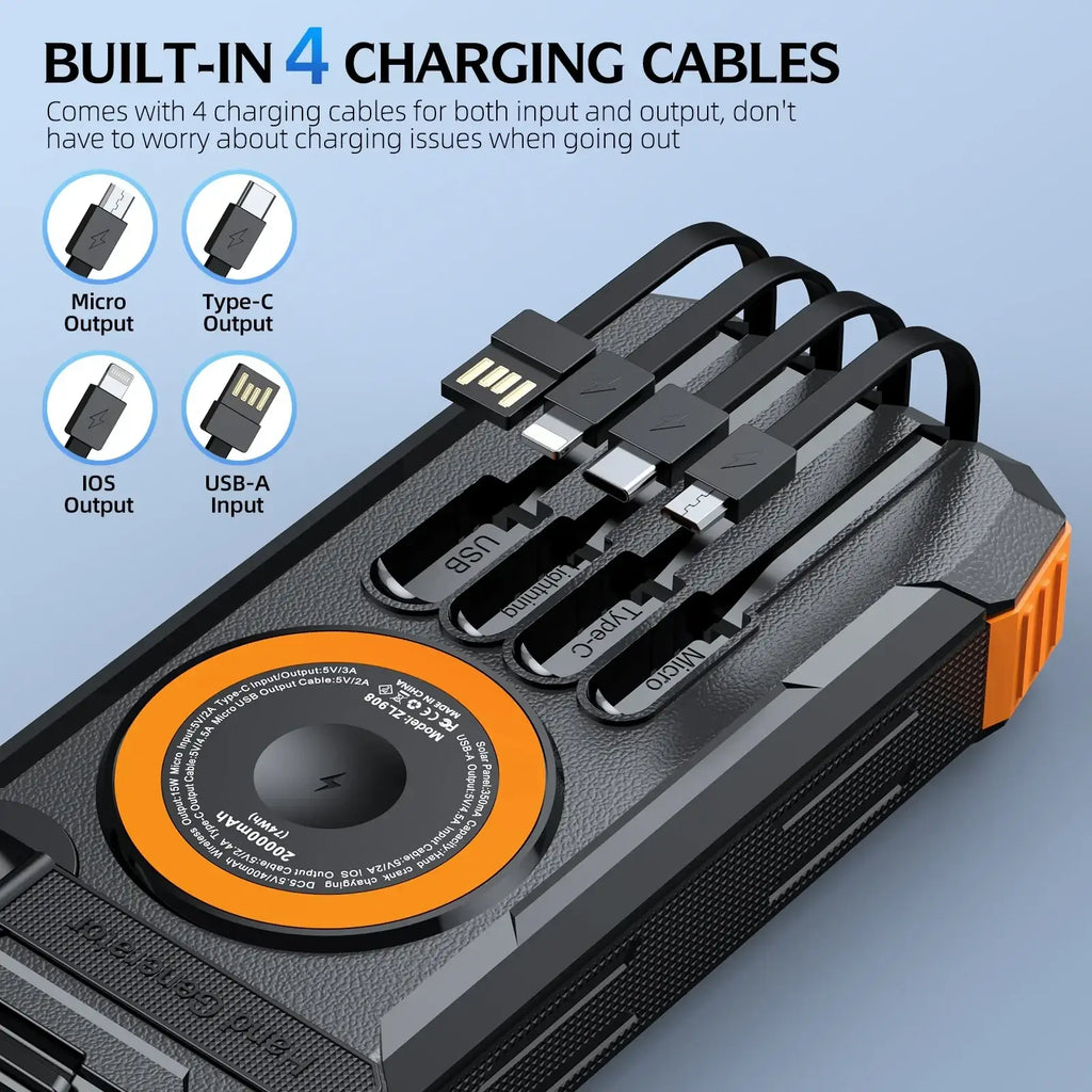 Black and orange rugged 50000mah solar power bank hand crank charger with built-in charging cables for multiple ports