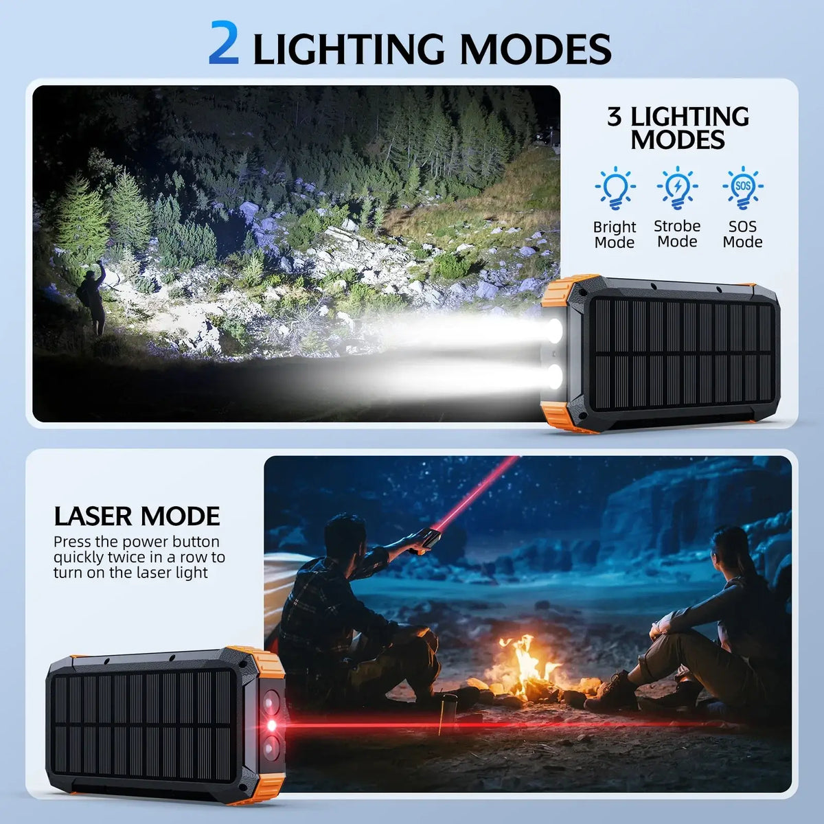 Black and orange solar powered led flashlight with three lighting modes including laser mode for 50000mah solar power bank hand crank charger
