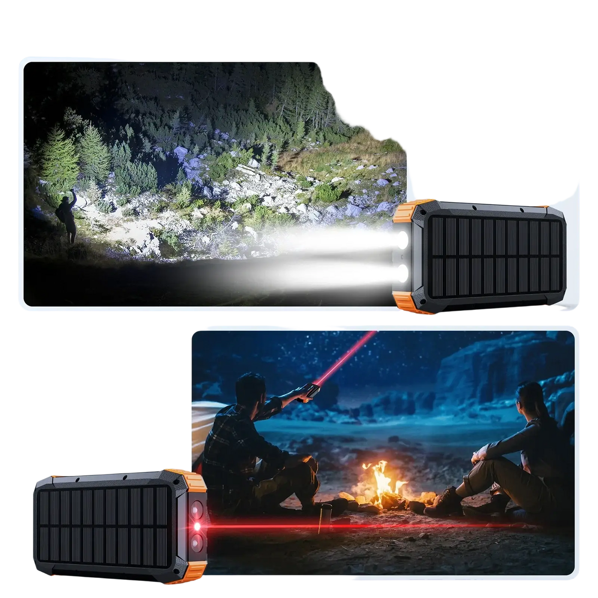 Black and orange solar powered led flashlight with three lighting modes including laser mode for 50000mah solar power bank hand crank charger