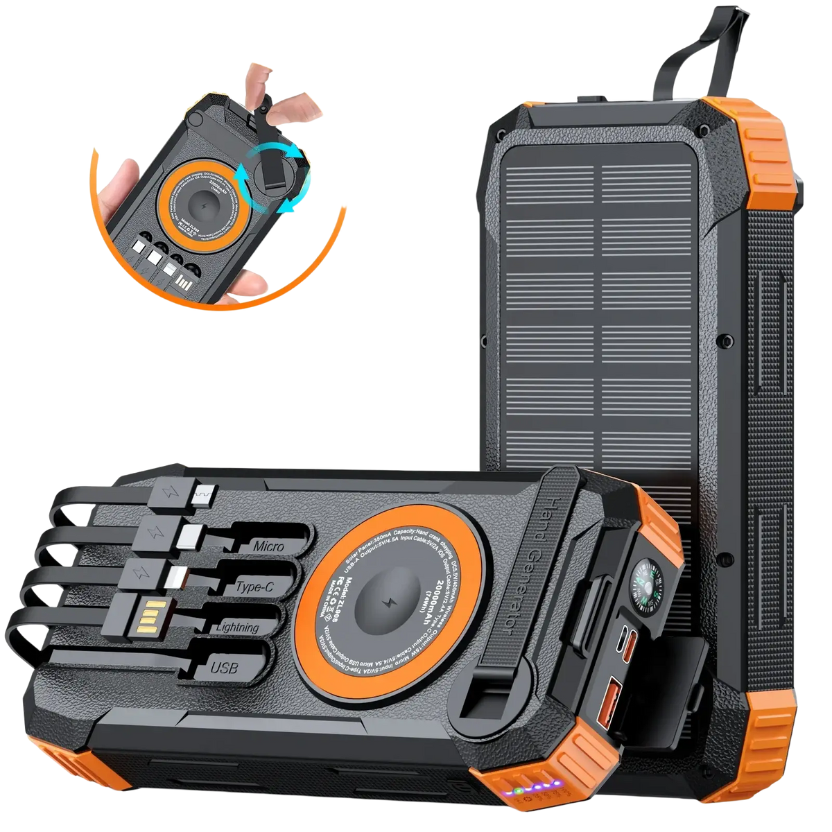 Black and orange rugged solar power bank with 50000mAh capacity multiple usb ports and built-in compass hand crank charger