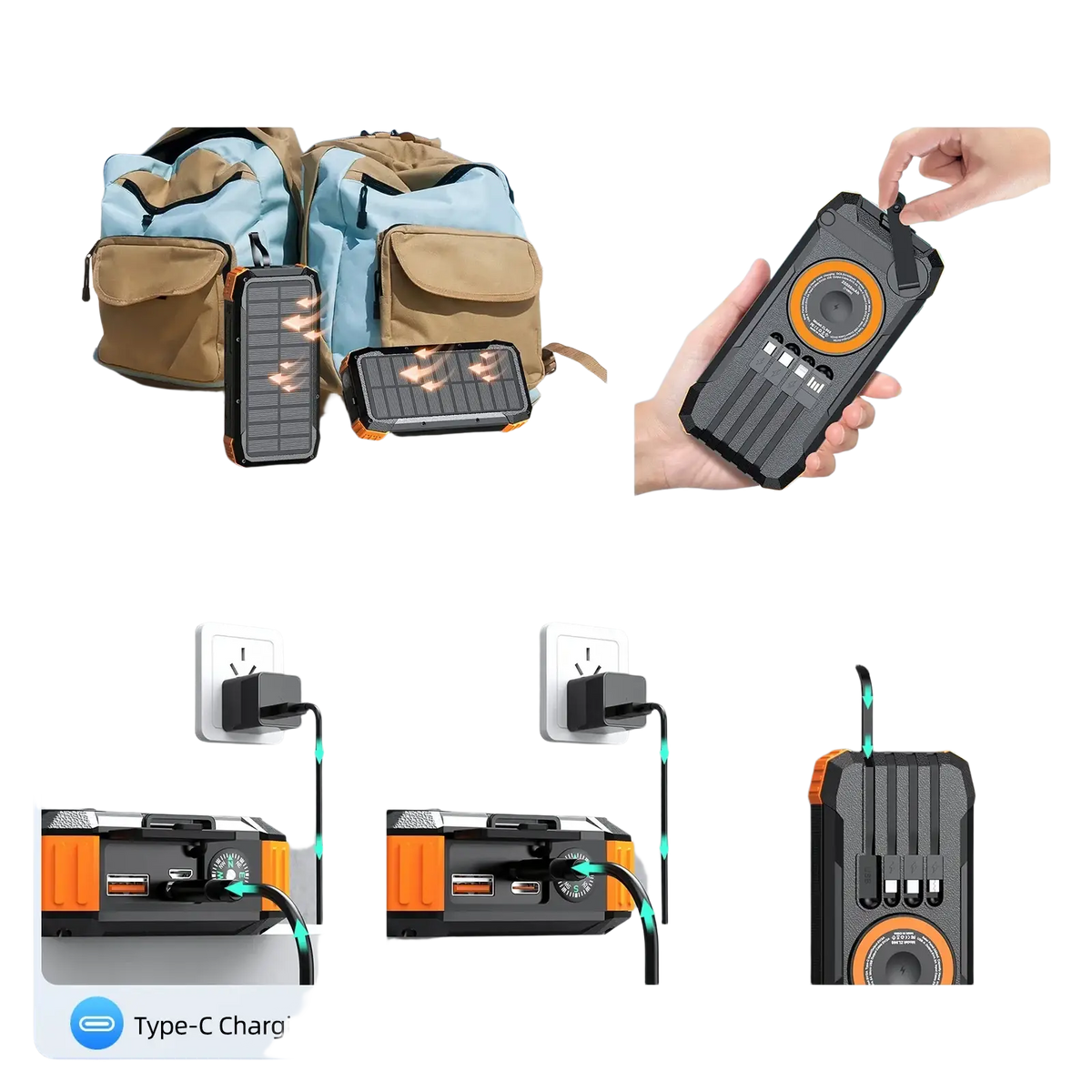 Black and orange rugged 50000mah solar power bank with hand crank charger type-c and micro usb-a ports