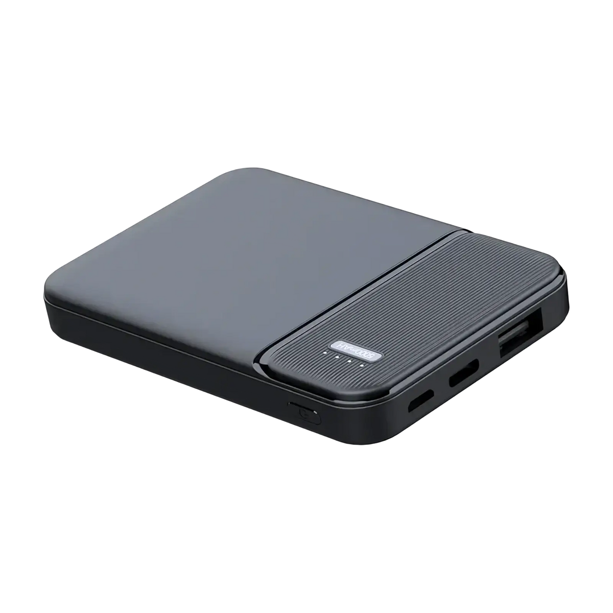 Black rectangular 5000mah portable power bank with matte finish and textured grip panel on the side