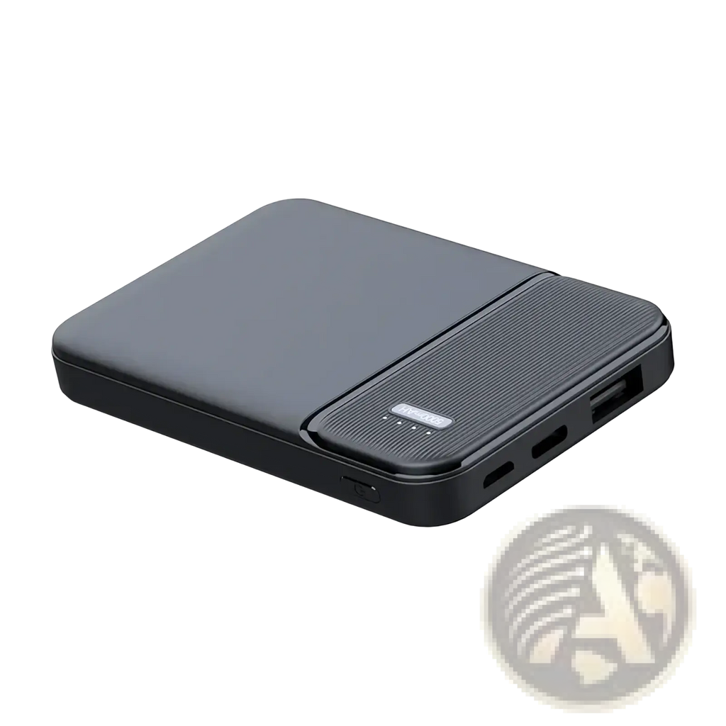 Black rectangular 5000mah portable power bank with matte finish and textured grip panel on the side