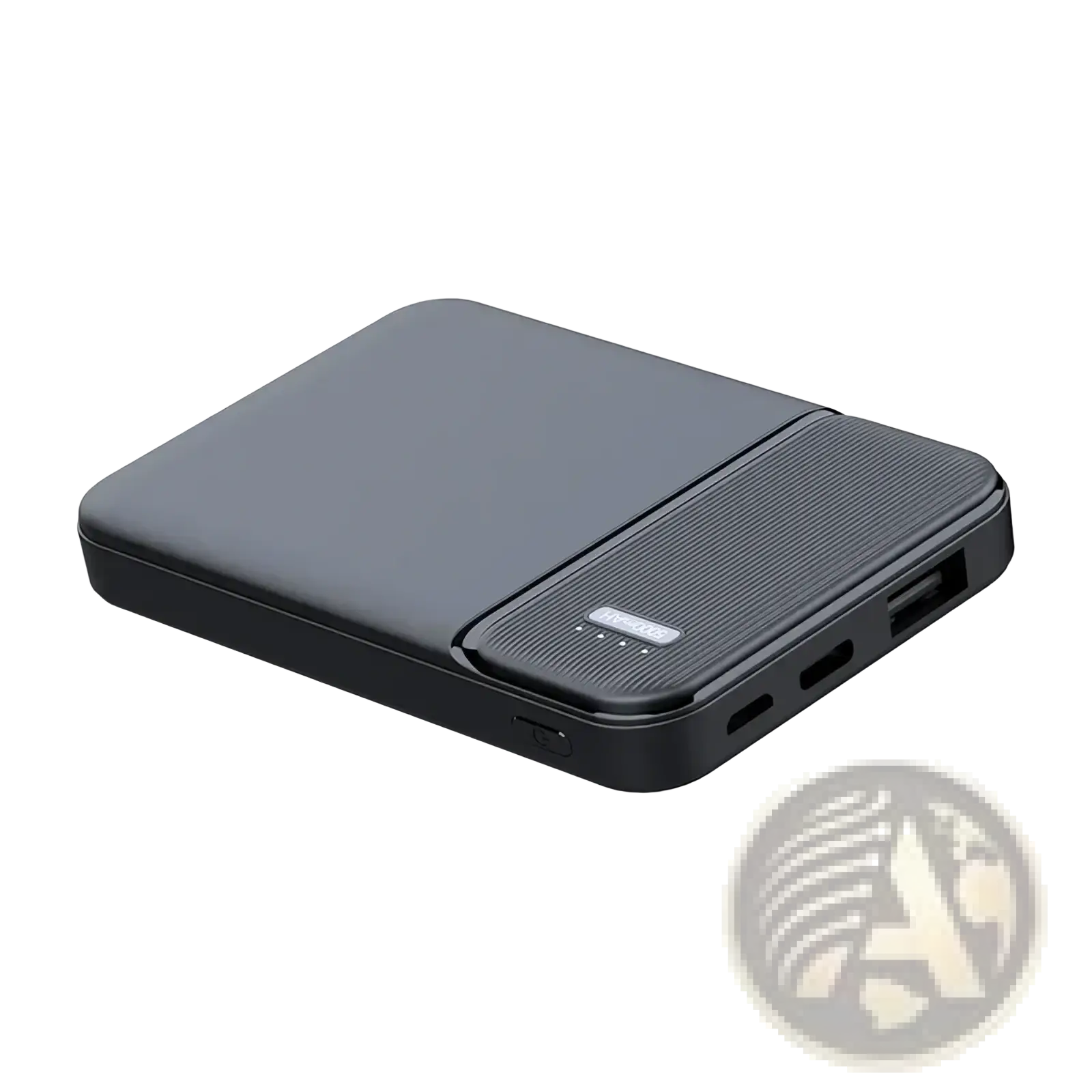 Black rectangular 5000mah portable power bank with matte finish and textured grip panel on the side