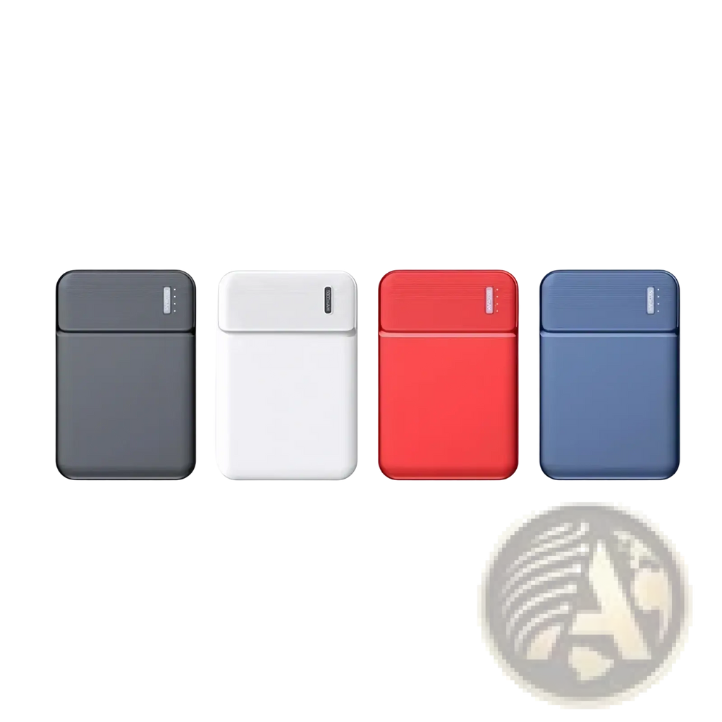 Four slim 5000mah portable power bank mini chargers in matte gray white red and blue with rectangular design