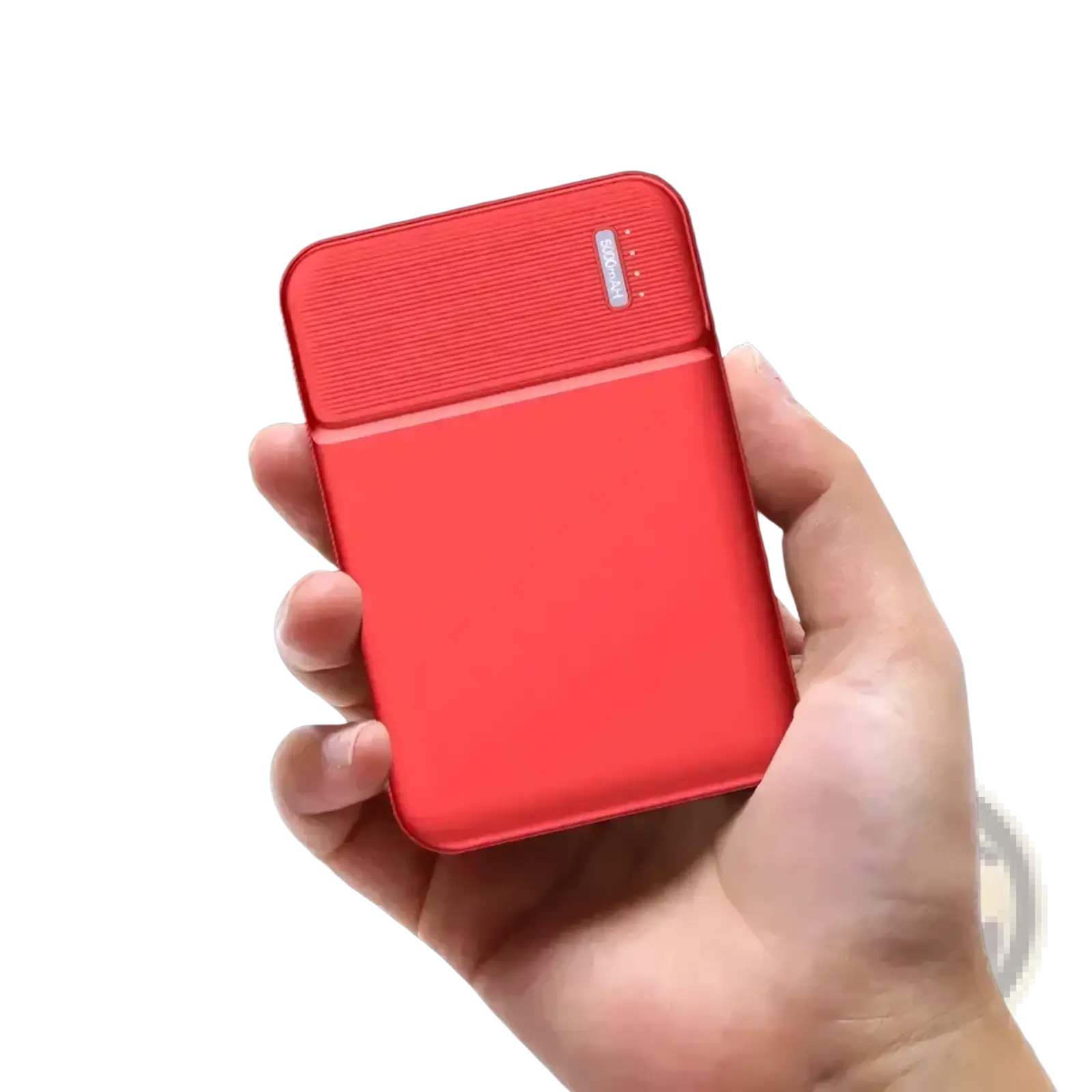 Red 5000mah portable power bank mini charger with classic design and textured top panel for efficient charging