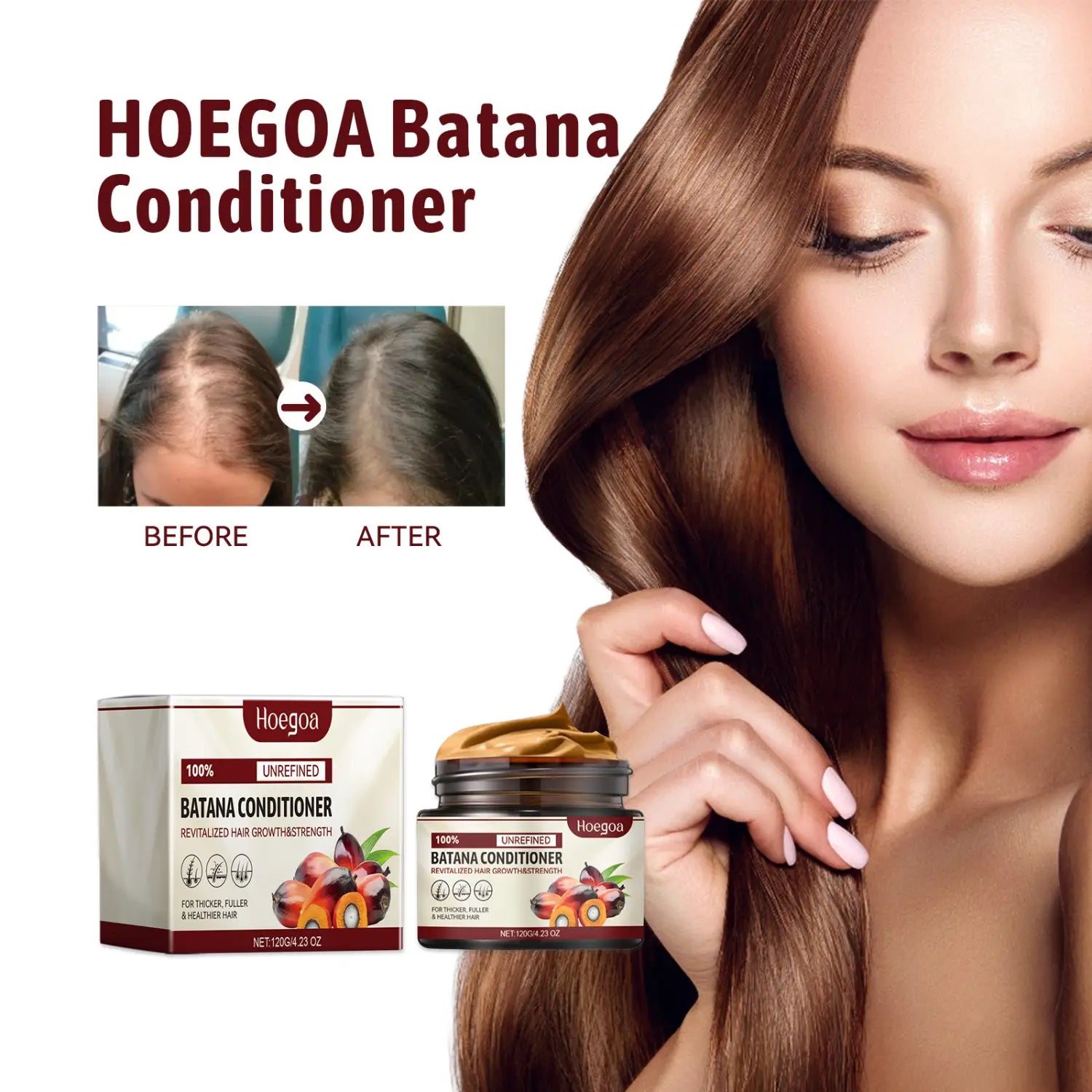 Hoegoa Batana-Keratin-Glättende Haarspülung in einem 120-g-dunklen Glas mit goldfarbenem Deckel und einem Etikett mit Abbildungen von Batanas sowie der dazu passenden Umverpackung.