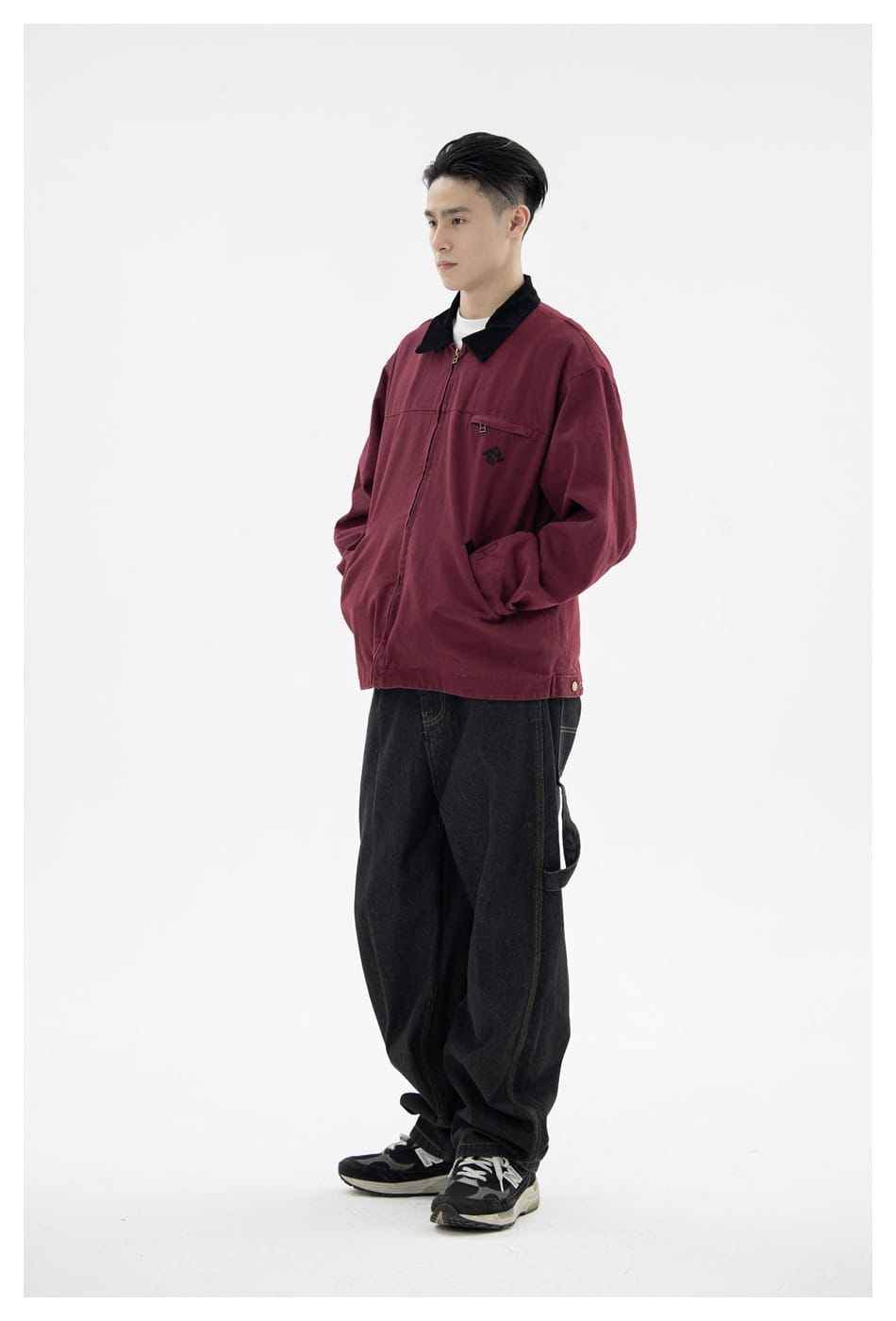 Maroon corduroy retro washed Detroit jacket for men with black collar and pocket details.