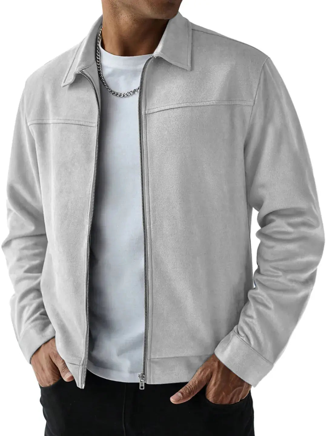 Men suede bomber jacket in light gray suede with a classic collar and front zipper.