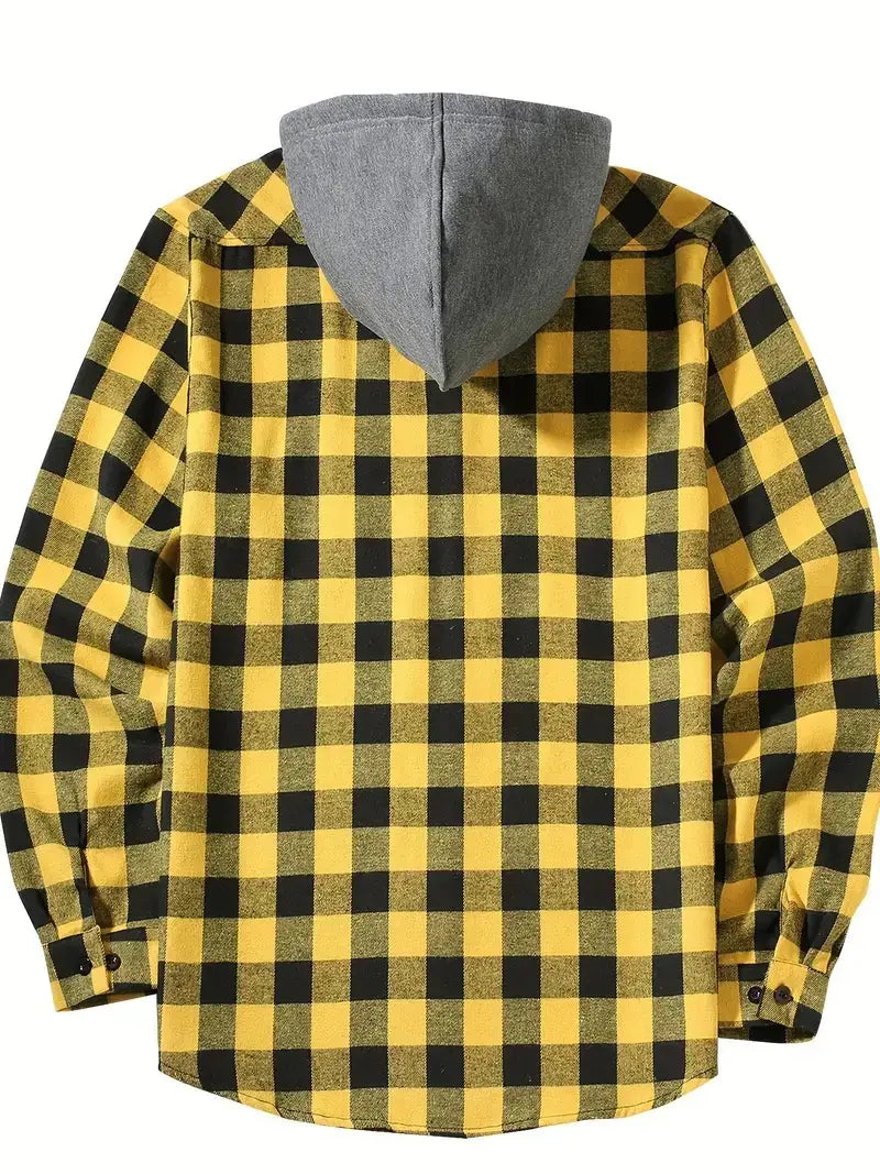 Men’s plaid hooded flannel shirt in yellow and black with a gray fleece-lined hood.