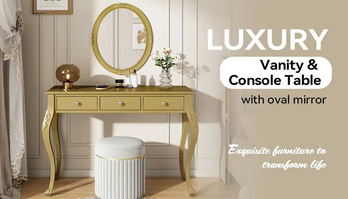 Gold-finished vanity console table with elegant curved legs and three drawers topped by an oval mirror ideal for makeup application.