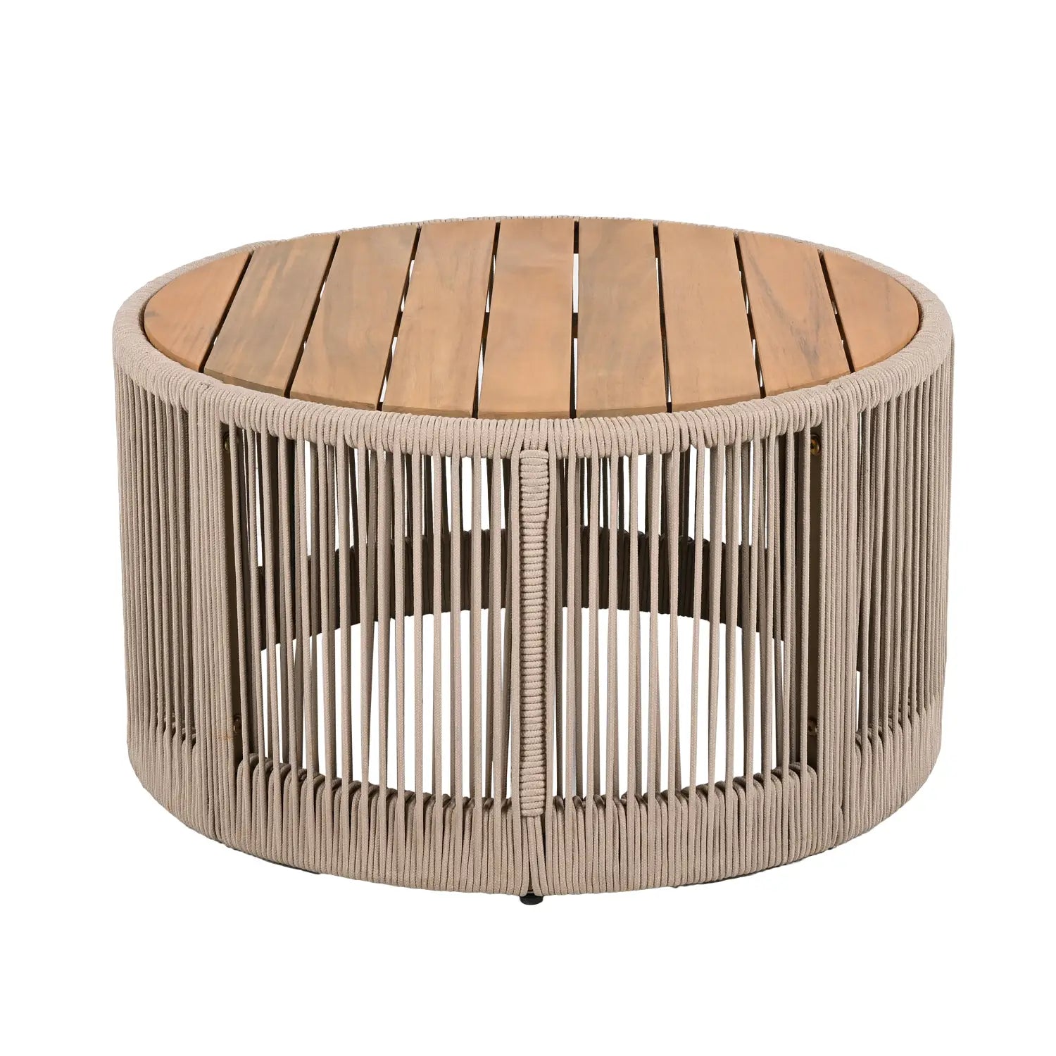 Round outdoor coffee table with natural wood slat top and beige woven wicker sides from the rustic industrial table set woven rope coffee side table collection.