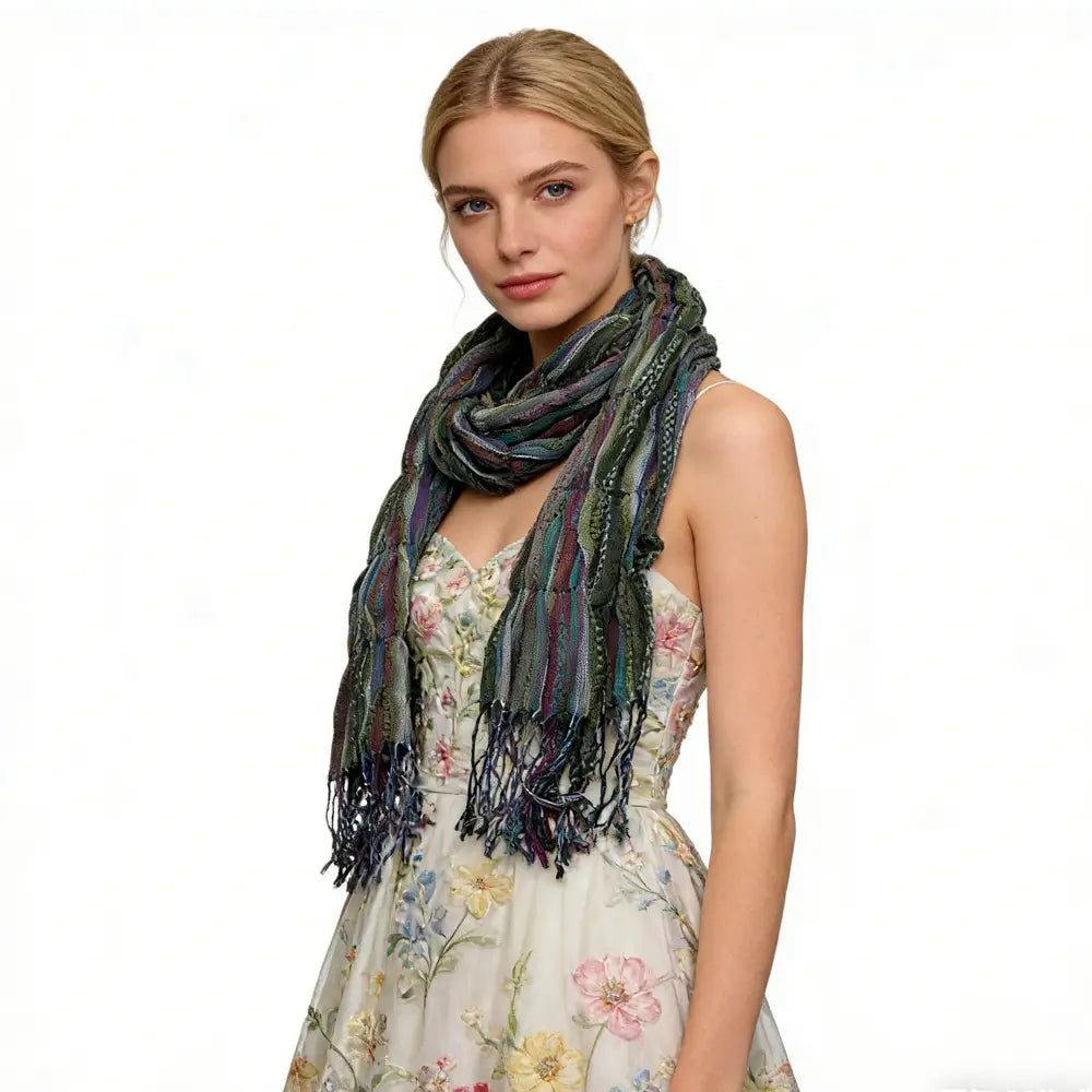Écharpe froncée en jacquard tissé texturé d’un vert olive, avec un motif tissé multicolore et naturel, aux tons de verts foncés, violets et bleus.