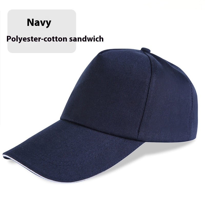 Casquette de baseball unisexe en tissu intercalaire polyester-coton bleu marine, avec un bord courbé et une bordure blanche discrète, présentée comme un chapeau de soleil.