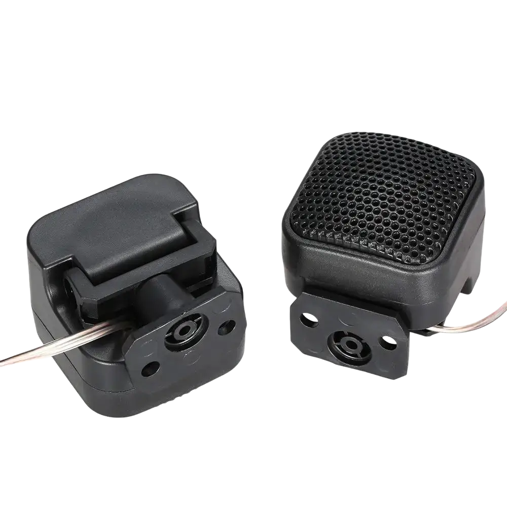 Black plastic 500w car tweeter dome speakers with perforated grille and mounting brackets for automotive audio use