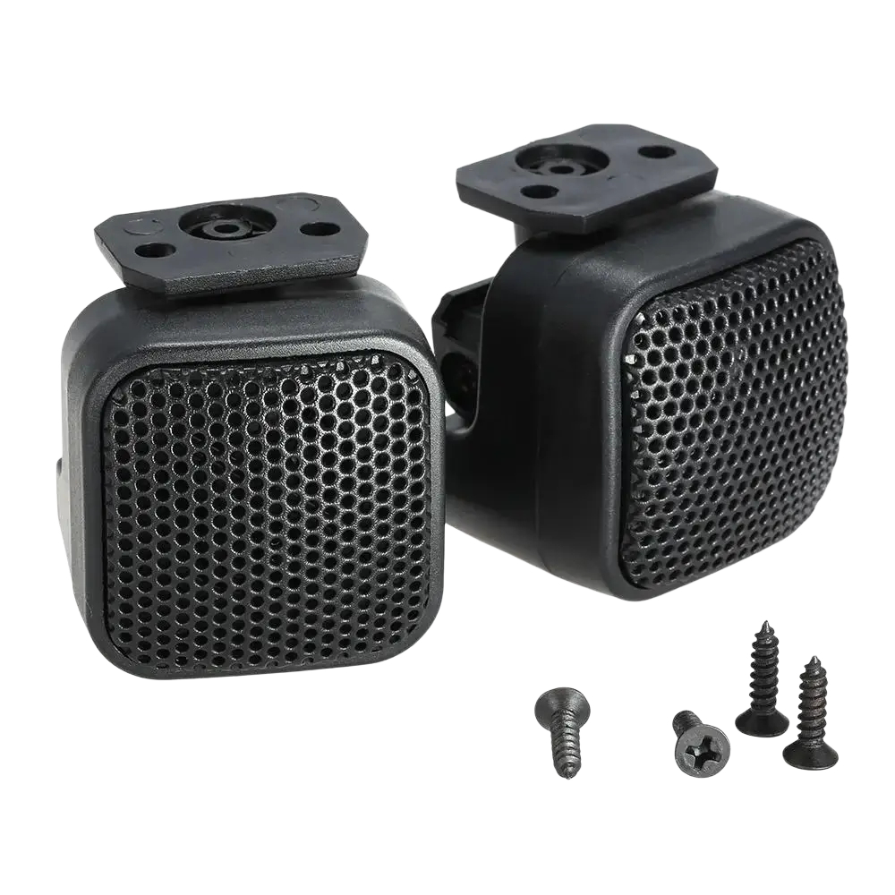 Black plastic car speaker mounting brackets with perforated grilles and screws for 500w automotive tweeter dome speakers
