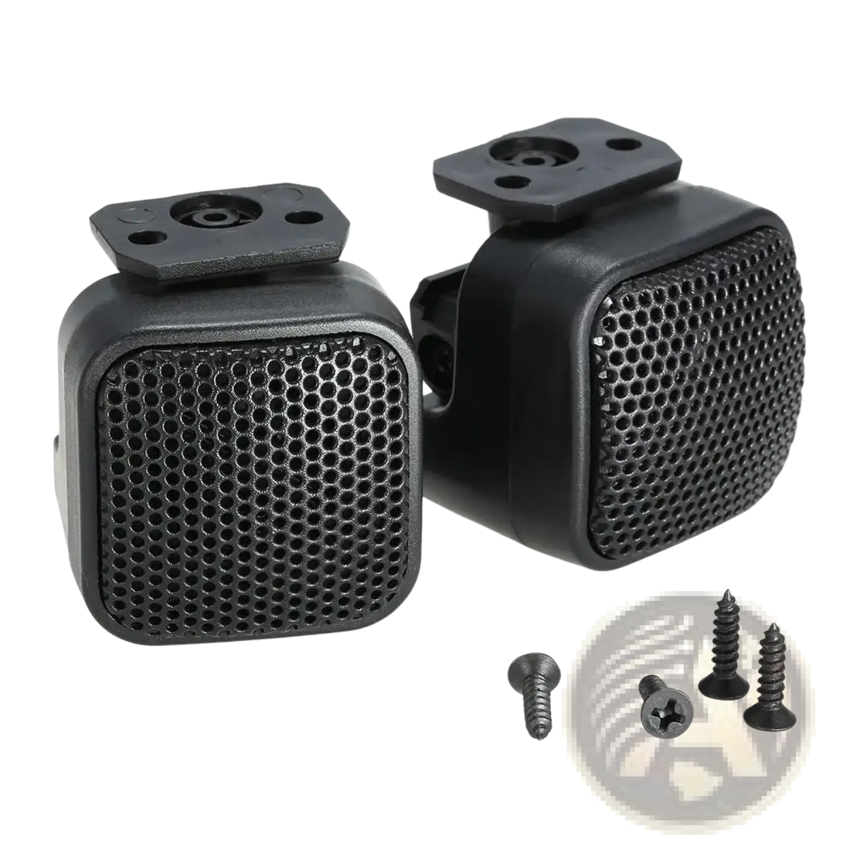 Black plastic car speaker mounting brackets with perforated grilles and screws for 500w automotive tweeter dome speakers