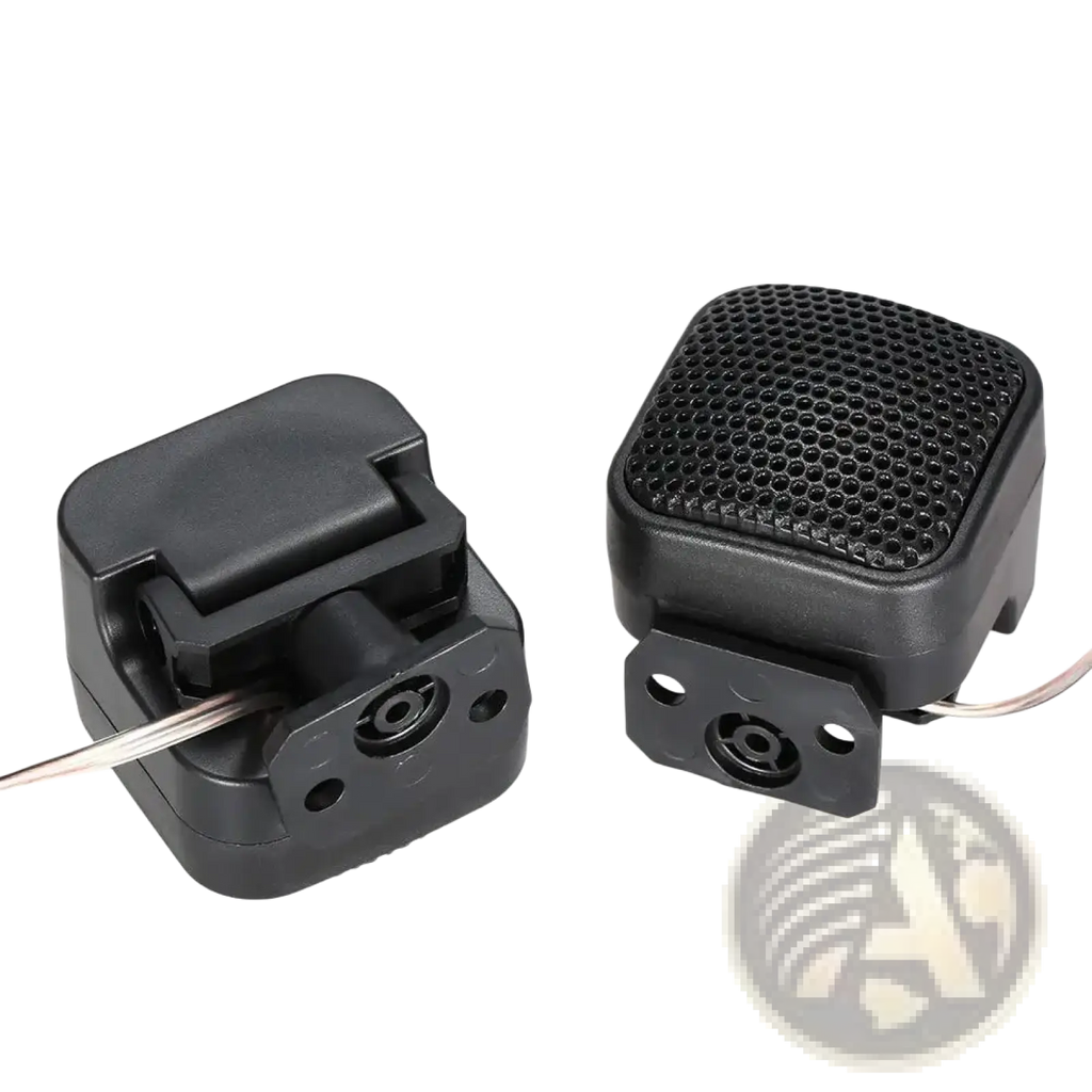 Black plastic 500w car tweeter dome speakers with perforated grille and mounting brackets for automotive audio use