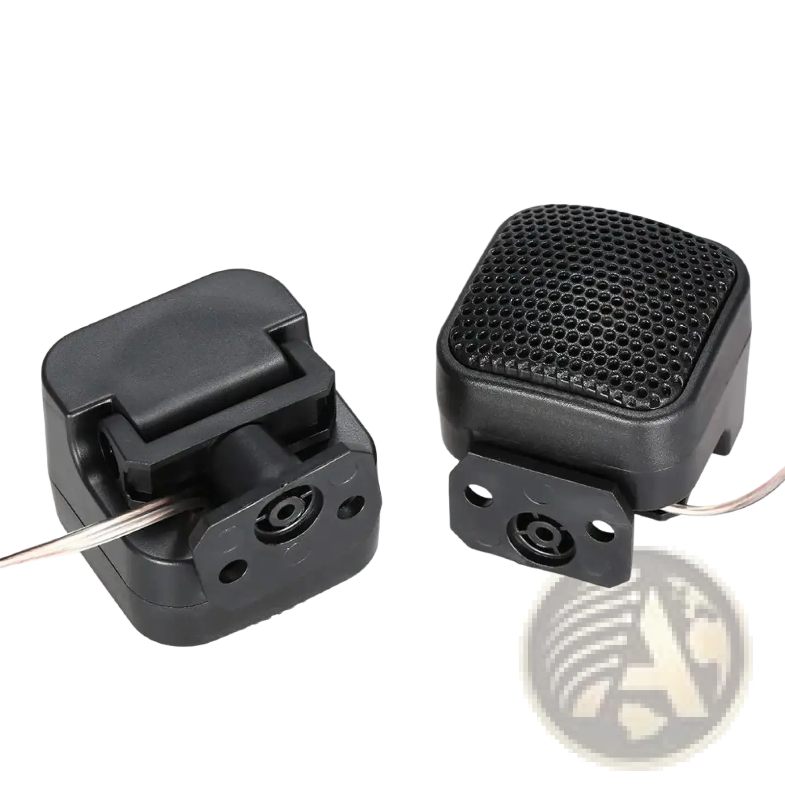 Black plastic 500w car tweeter dome speakers with perforated grille and mounting brackets for automotive audio use