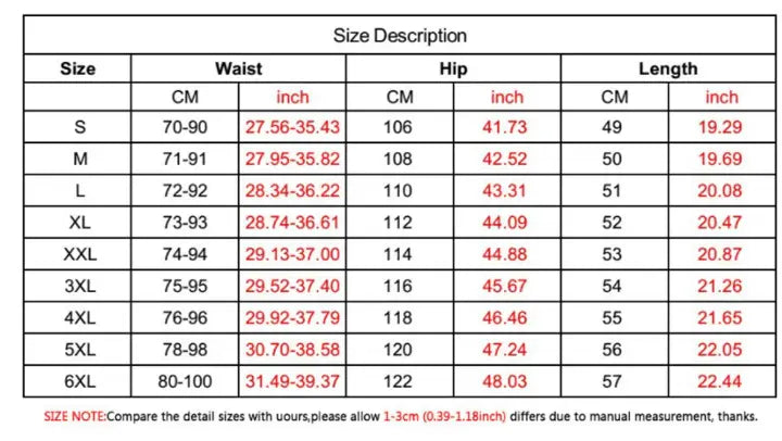Size description table for men s tropical print short sleeve shirt and shorts set showing measurements in centimeters and inches for pant sizes from S to 6XL.