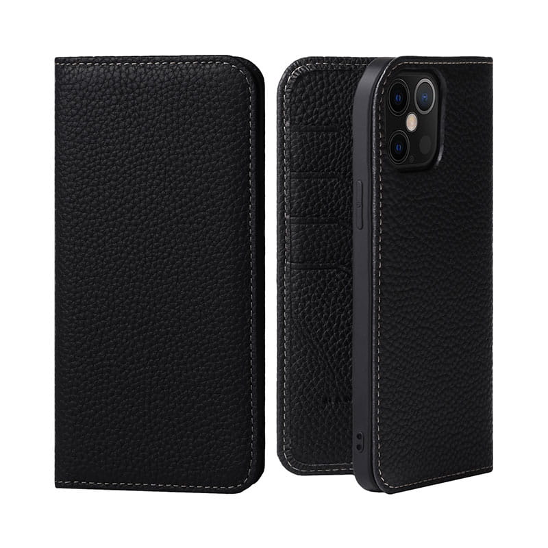 black textured leather wallet case for iphone 16 15 14 13 12 11 with white stitching showing the back side.