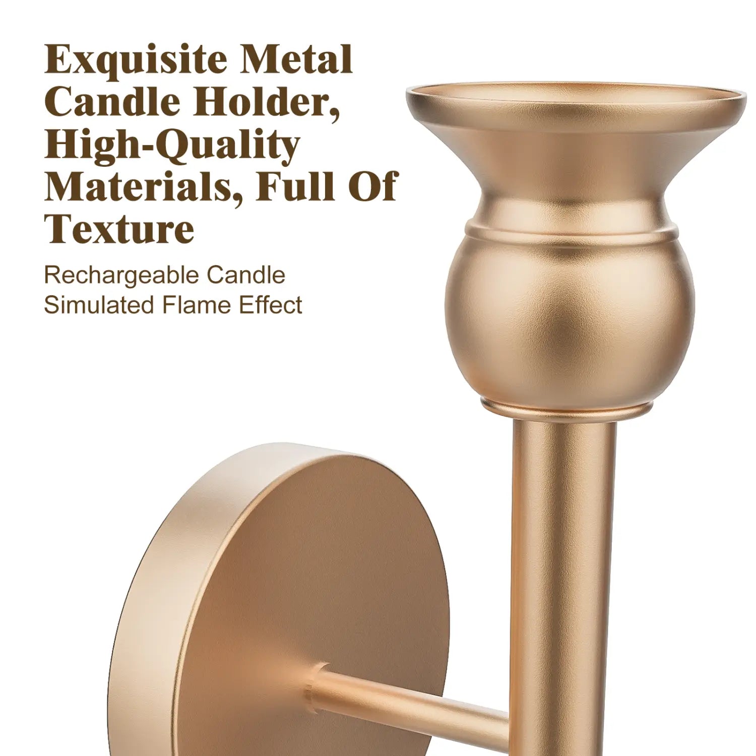 Gold wall sconce with brass-finished metal candle holder featuring a sleek textured design and a battery operated simulated flame effect, 33 inch.