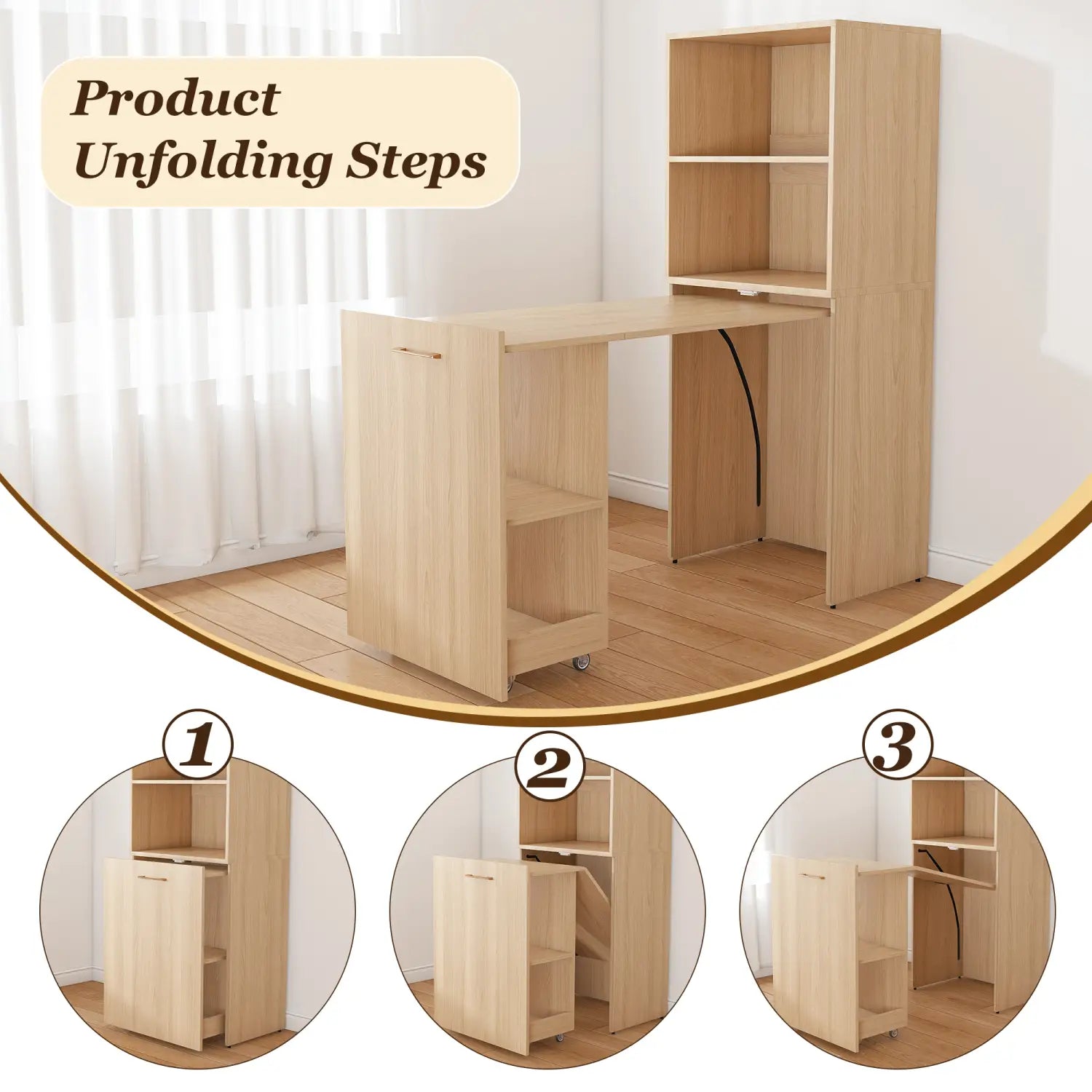 Bureau extensible pliable en finition bois clair avec étagères de rangement intégrées et roues à roulettes pour une mobilité aisée.