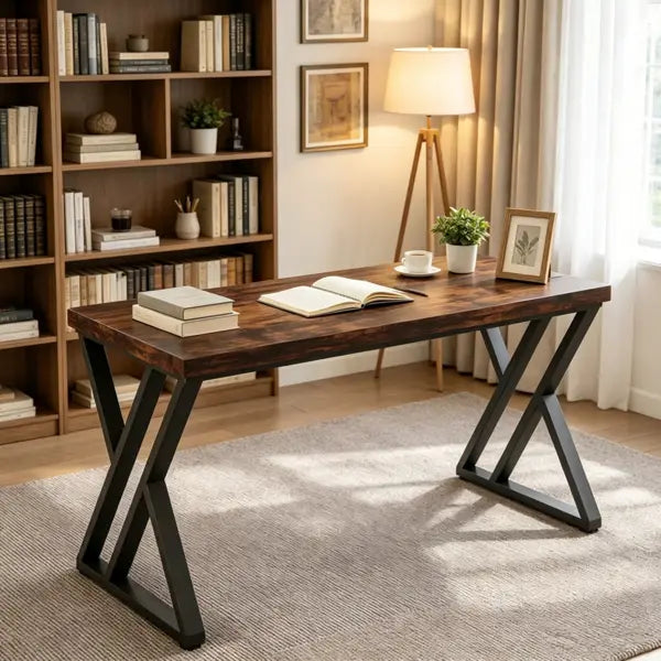 Escritorio industrial con sobre de 55 pulgadas de madera oscura y patas metálicas negras en forma de X, diseñado para un espacio de trabajo con estilo.